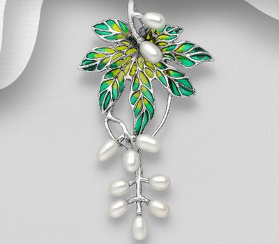 925 Sterling Silver Leaf Brooch and Pendant , Decorated with Freshwater Pearls and Colored Enamel