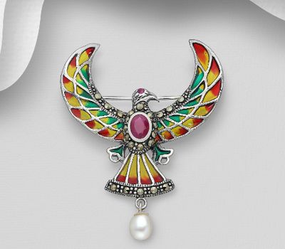 925 Sterling Silver Eagle Brooch, Decorated with Colored Enamel, Freshwater Pearl and Marcasite