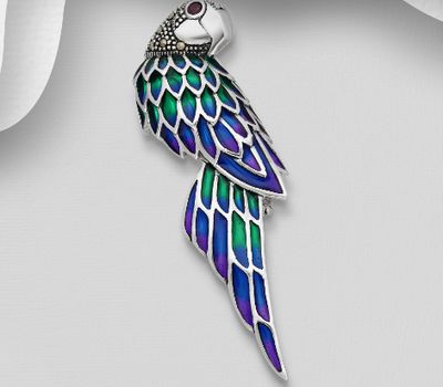 925 Sterling Silver Bird Brooch Pendant, Decorated with Colored Enamel, Gemstones and Marcasite