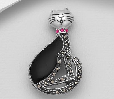 925 Sterling Silver Oxidized Cat Brooch Decorated With Resin, Marcasite And CZ
