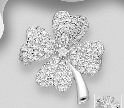 925 Sterling Silver Clover Brooch, Decorated with CZ Simulated Diamonds