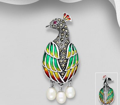 925 Sterling Silver Peacock Brooch and Pendant, Decorated with Colored Enamel, Freshwater Pearls, Ruby and Marcasite