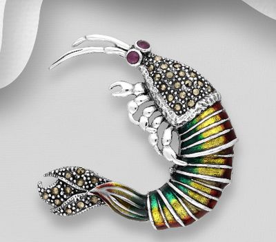 925 Sterling Silver Shrimp Brooch Pendant, Decorated with Colored Enamel, Marcasite and Ruby