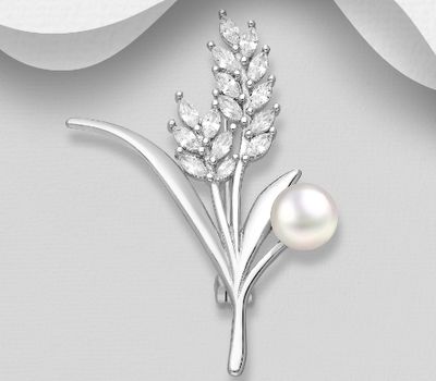 925 Sterling Silver Flower Brooch, Decorated with CZ Simulated Diamonds and Freshwater Pearl