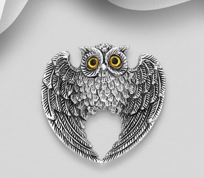 925 Sterling Silver Oxidized Owl Brooch / Pendant Decorated With Resin