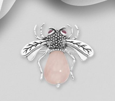 925 Sterling Silver Oxidized Bee Brooch, Decorated with Rose Quartz or Tiger's Eye and CZ Simulated Diamonds