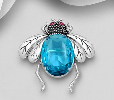 925 Sterling Silver Oxidized Bee Brooch, Decorated with Crystal Glass and CZ Simulated Diamond