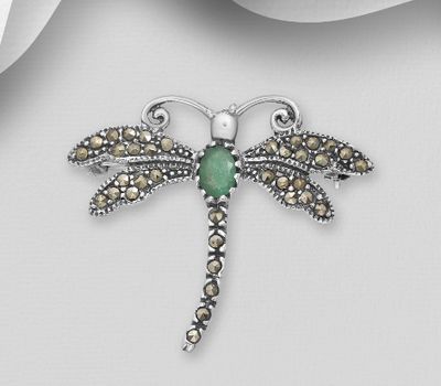 925 Sterling Silver Dragonfly Brooch Decorated With Gem Stones and Marcasite