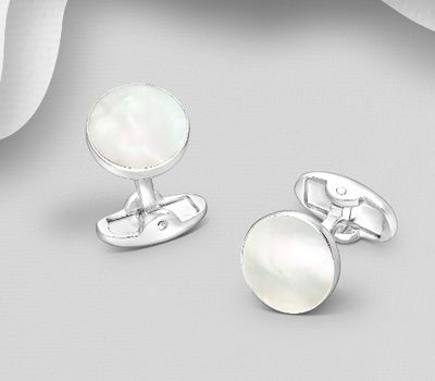 925 Sterling Silver Cuff Links Featuring Circle Decorated With Shell