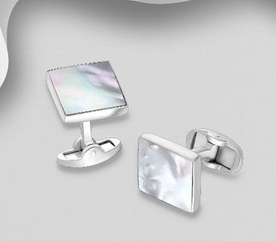 925 Sterling Silver Cuff Links Featuring Square Decorated With Shell
