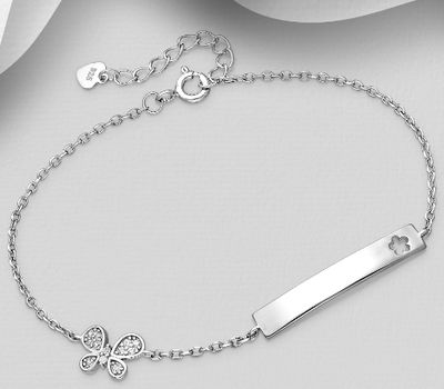 925 Sterling Silver Engravable Tag Bracelet, Featuring Butterfly, Decorated with CZ Simulated Diamonds