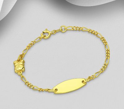 ITALIAN DELIGHT – 925 Sterling Silver Bear & Tag Bracelet, Plated with 0.5 Micron 18K Yellow Gold, Made in Italy.