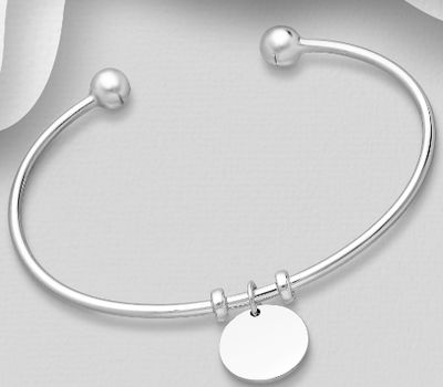 925 Sterling Silver Adjustable Cuff Bracelet with Engravable Tag