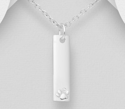 925 Sterling Silver Paw Claw Bar Pendant, Decorated with CZ Simulated Diamonds, Engravable