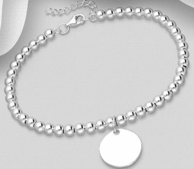 925 Sterling Silver Ball and Engravable Tag Bracelet