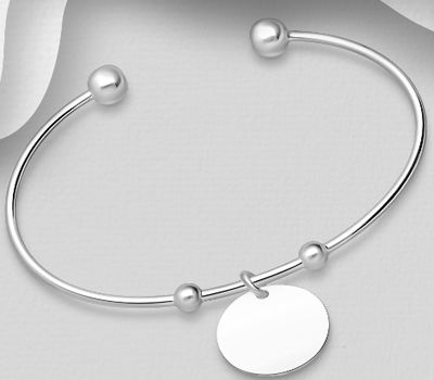 Şəkli böyütmək üçün tiklayın 925 Sterling Silver Open Bracelet With Engravable Round Tag