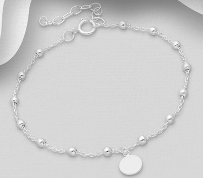 925 Sterling Silver Ball and Tag Bracelet, Engravable
