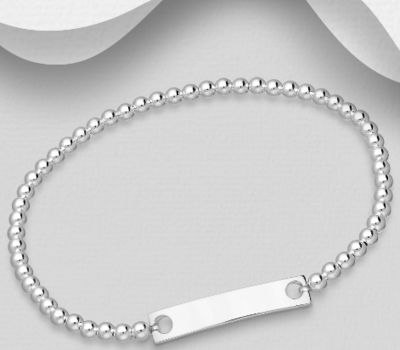 925 Sterling Silver Elastic Engravable Tag and Ball Bracelet