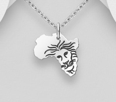 925 Sterling Silver OxidizedAfrica Map Pendant, Featuring Engraved Lion