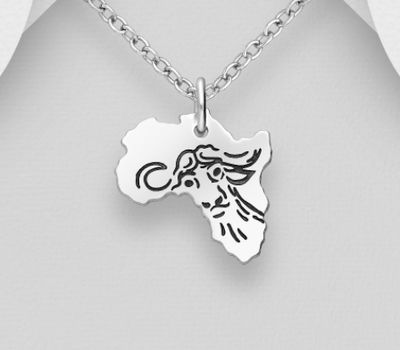 925 Sterling Silver OxidizedAfrica Map Pendant, Featuring Engraved Elephant