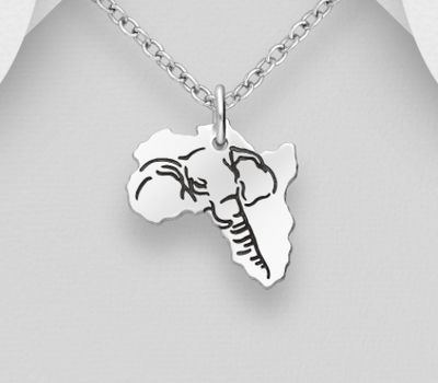 925 Sterling Silver OxidizedAfrica Map Pendant, Featuring Engraved Elephant