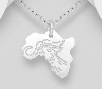 Şəkli böyütmək üçün tiklayın 925 Sterling Silver Africa Map Pendant, Featuring Engraved Elephant