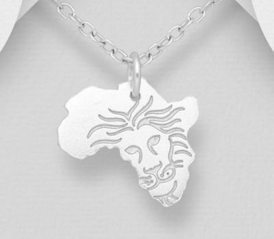 925 Sterling Silver Africa Map Pendant, Featuring Engraved Lion