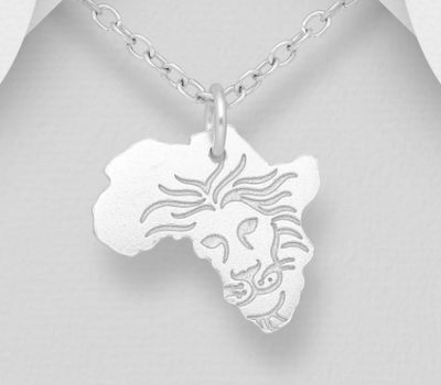 Malın səhifəsinə keç 925 Sterling Silver Africa Map Pendant, Featuring Engraved Lion
