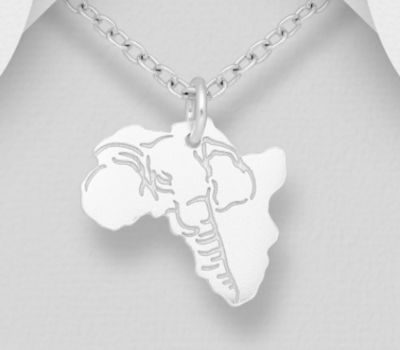 925 Sterling Silver Africa Map Pendant, Featuring Engraved Elephant