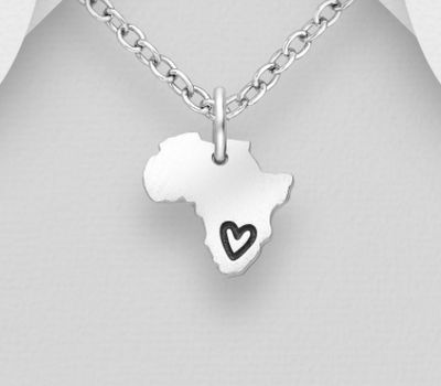 925 Sterling Silver Oxidized Africa Map Pendant with Heart Design Engraved.
