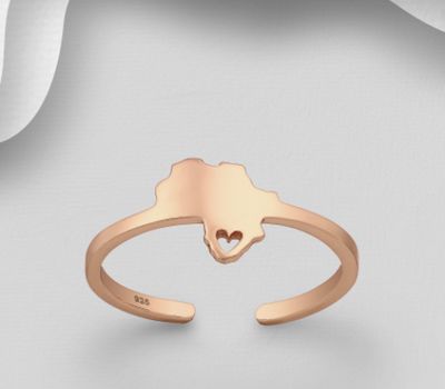 925 Sterling Silver Africa Map Ring with Heart Cutout, Plated with 1 Micron Pink Gold