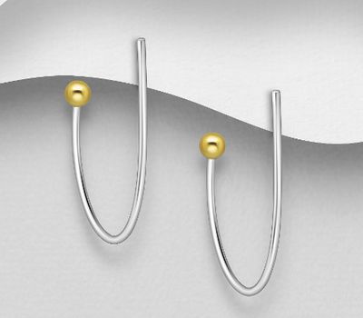 925 Sterling Silver Semi-Circle and Ball Push-Back Earrings, Ball Plated with 1 Micron 14K or 18K Yellow Gold