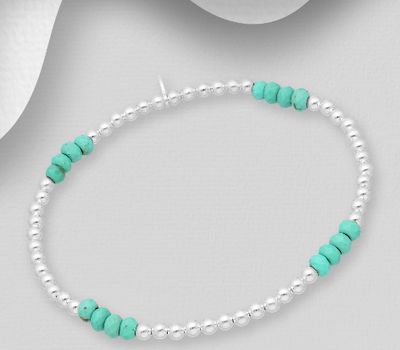 925 Sterling Silver Elastic Bracelet, Decorated with Reconstructed Light Green Turquoise or Onyx