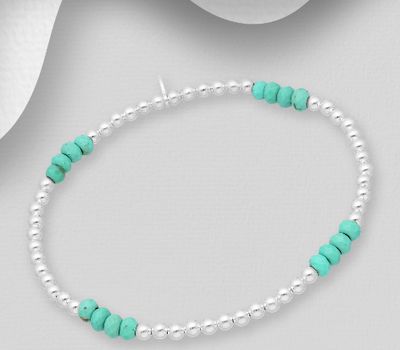 Şəkli böyütmək üçün tiklayın 925 Sterling Silver Elastic Bracelet, Decorated with Reconstructed Light Green Turquoise or Onyx