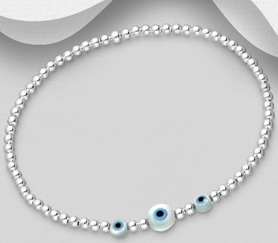 925 Sterling Silver Evil Eye and Ball Elastic Bracelet, Beaded with Shell and Colored Enamel