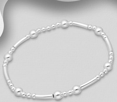 925 Sterling Silver Stretch Bracelet Featuring Tube And Ball Beads