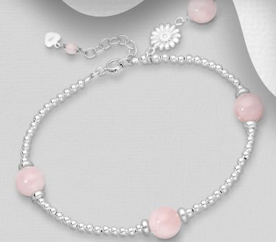 925 Sterling Silver Flower Bracelet, Beaded with Gemstone Beads