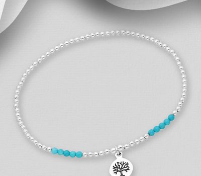 925 Sterling Silver Tree of Life Elastic Bracelet, Beaded with Reconstructed Stone