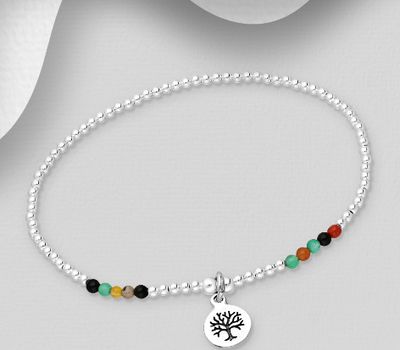 925 Sterling Silver Oxidized Tree of Life Bracelet, Beaded with Carnelian, Dyed Green Jade, Dyed Yellow Jade, Onyx and Smoky Quartz