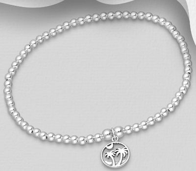 925 Sterling Silver Ball Elastic Bracelet Featuring Coconut Tree and Moon Charm