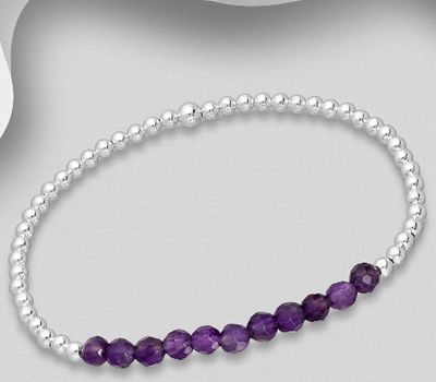 925 Sterling Silver Elastic Bracelet, Beaded with Various Gemstones