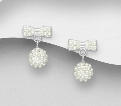 925 Sterling Silver Bow Push-Back Earrings Decorated With Simulated Pearl
