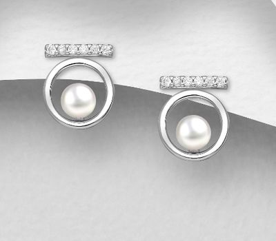 925 Sterling Silver Circle and Bar Push-Back Earrings, Decorated with Reconstructed Shell and CZ Simulated Diamonds