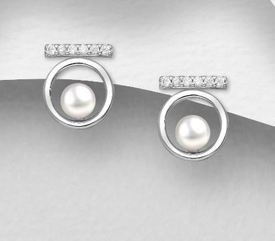 Şəkli böyütmək üçün tiklayın 925 Sterling Silver Circle and Bar Push-Back Earrings, Decorated with Reconstructed Shell and CZ Simulated Diamonds