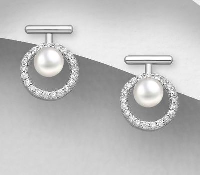 925 Sterling Silver Circle and Bar Push-Back Earrings, Decorated with Reconstructed Shells and CZ Simulated Diamonds