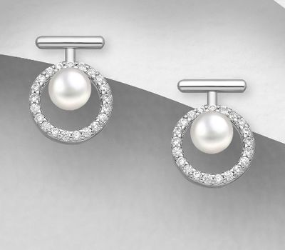 Şəkli böyütmək üçün tiklayın 925 Sterling Silver Circle and Bar Push-Back Earrings, Decorated with Reconstructed Shells and CZ Simulated Diamonds