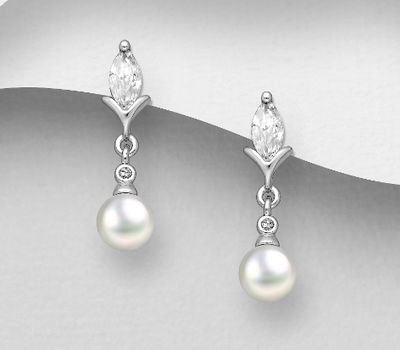 925 Sterling Silver Push-Back Earrings, Decorated with Reconstructed Shells and CZ Simulated Diamonds