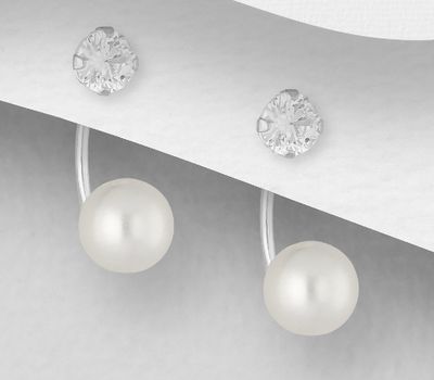 925 Sterling Silver Push-Back Earrings, Decorated with Simulated Pearl and CZ Simulated Diamonds