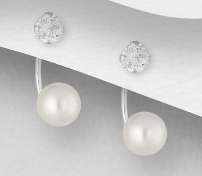 Şəkli böyütmək üçün tiklayın 925 Sterling Silver Push-Back Earrings, Decorated with Simulated Pearl and CZ Simulated Diamonds
