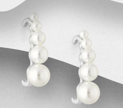 925 Sterling Silver Push-Back Earrings, Decorated with Simulated Pearls